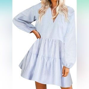 Blue Stripe, V-Neck, Ruffle Tier Dress